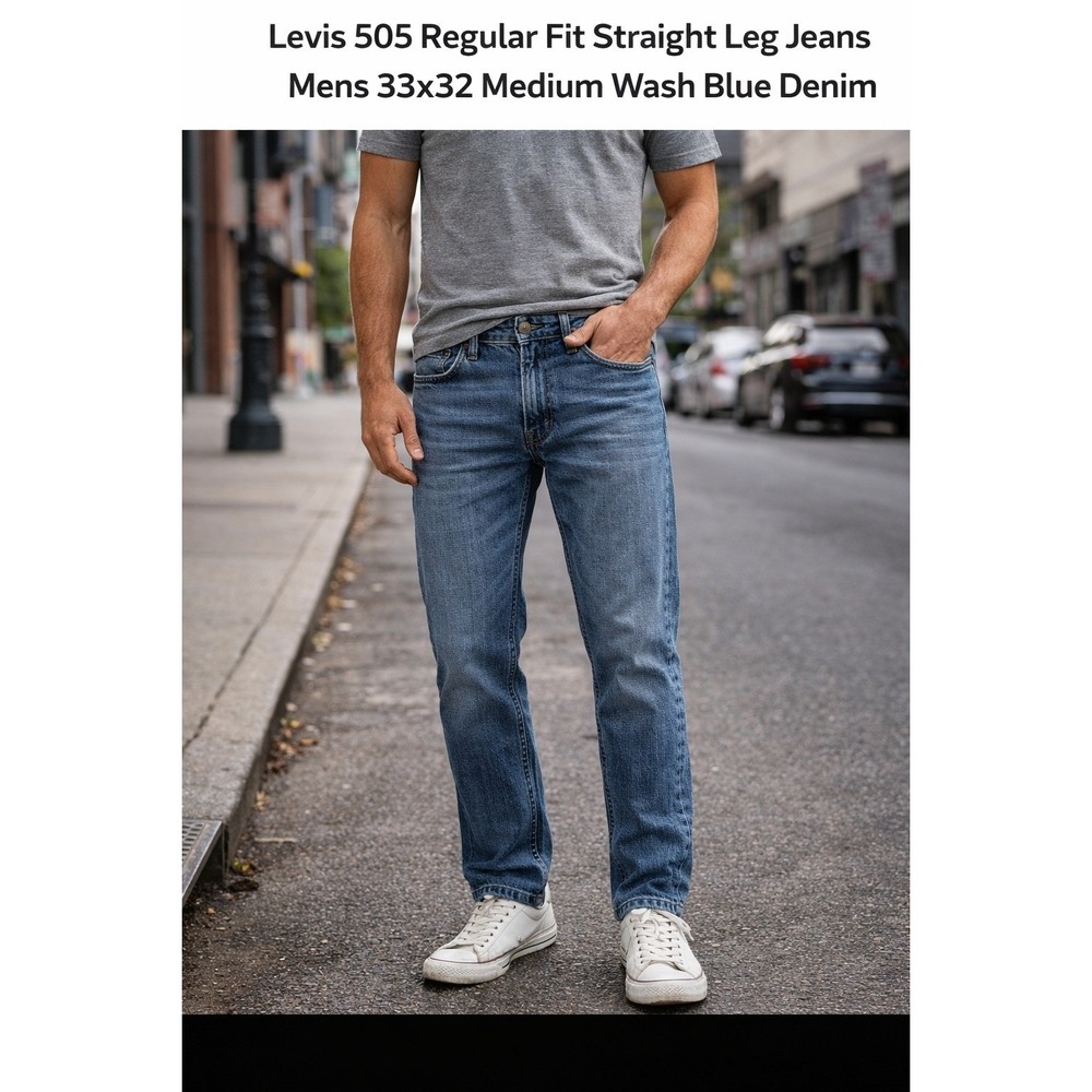 Levis 505 Regular Fit Straight Leg Jeans Mens 33x32 Medium Wash Blue Denim